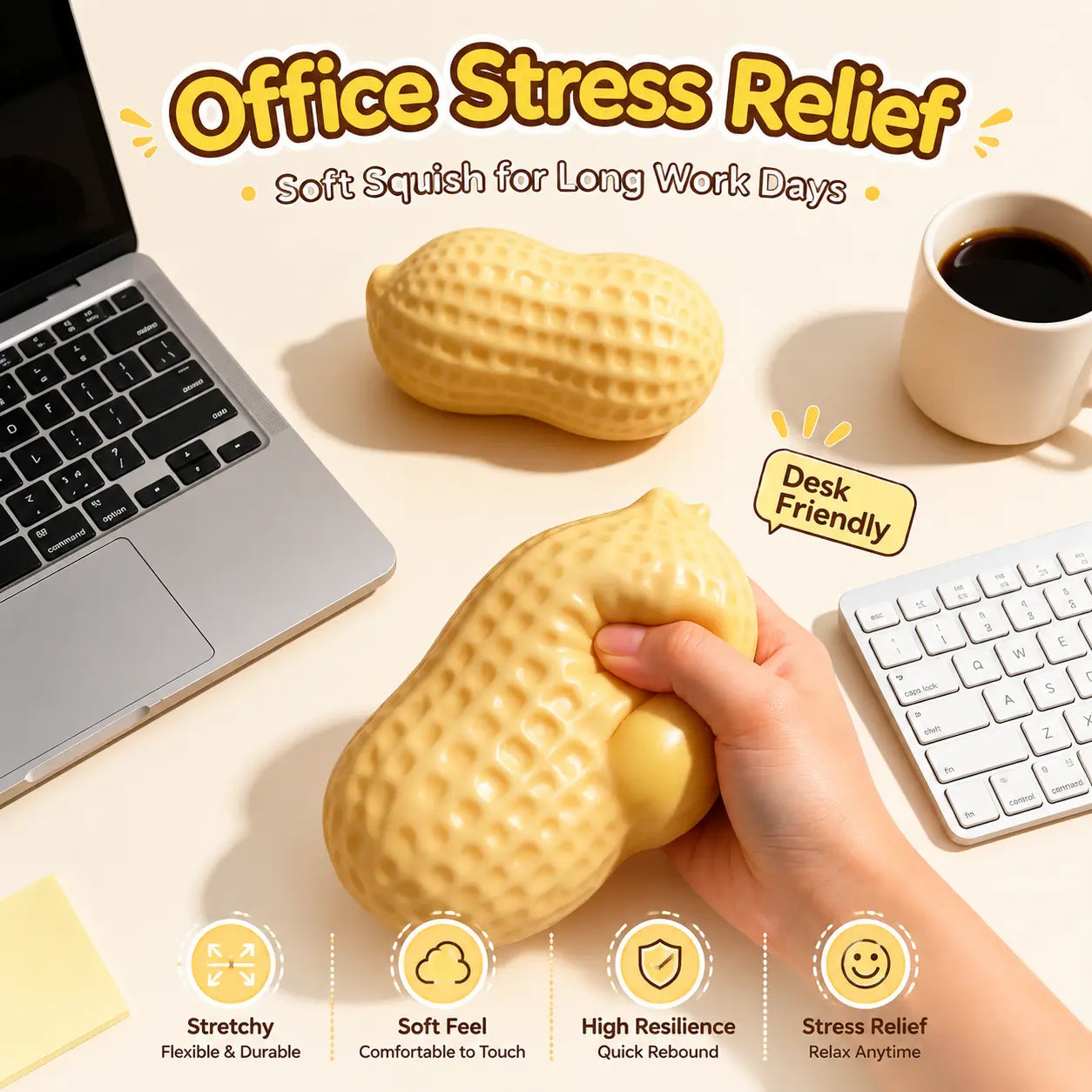 Crunchy Sound Peanut Squishy Toy, Soft Sensory Stress Relief Fidget Toy for Teens, Adults, Desk Relaxation & Party Gifts