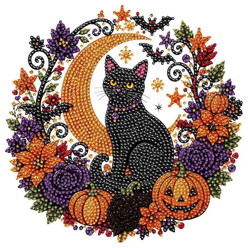 Halloween Diamond Painting Suncatcher Ornament Kit – Pumpkin & Black Cat DIY Gem Art for Window Decor