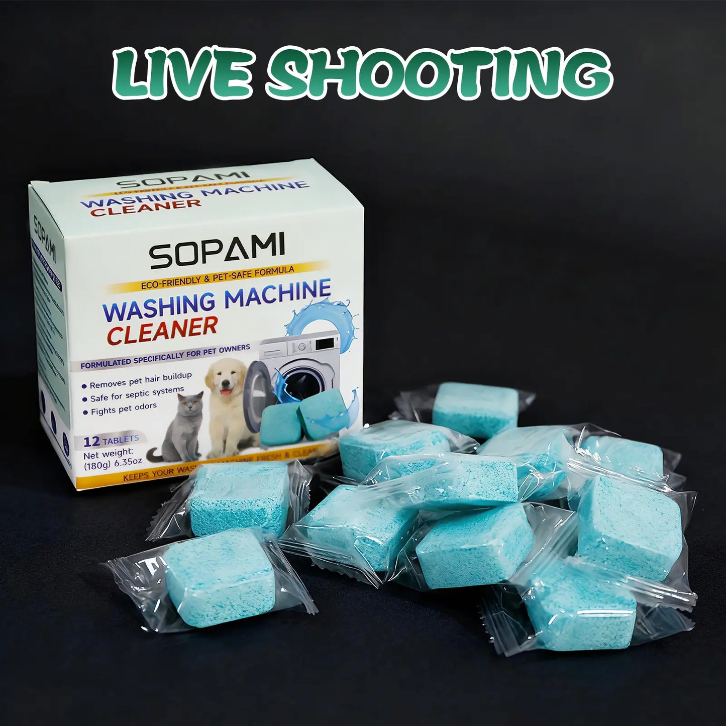 SOPAMI 12-Pack Pet-Safe Washing Machine Cleaner Tablets, Eco-Friendly Deep Cleaning and Odor Removal