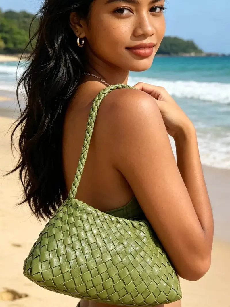 Handmade Woven Beach Bag, 2026 New Luxury Crossbody Shoulder Bag, Casual Plain Design, All Seasons, 18 Colors, Includes Inner Pouch