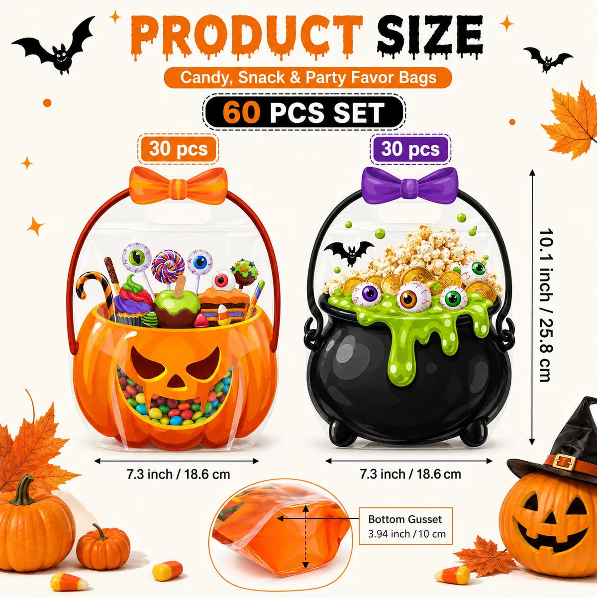 12-60 Pcs Halloween Plastic Goodie Bags – Trick or Treat Candy Bags with Pumpkin & Skull Patterns