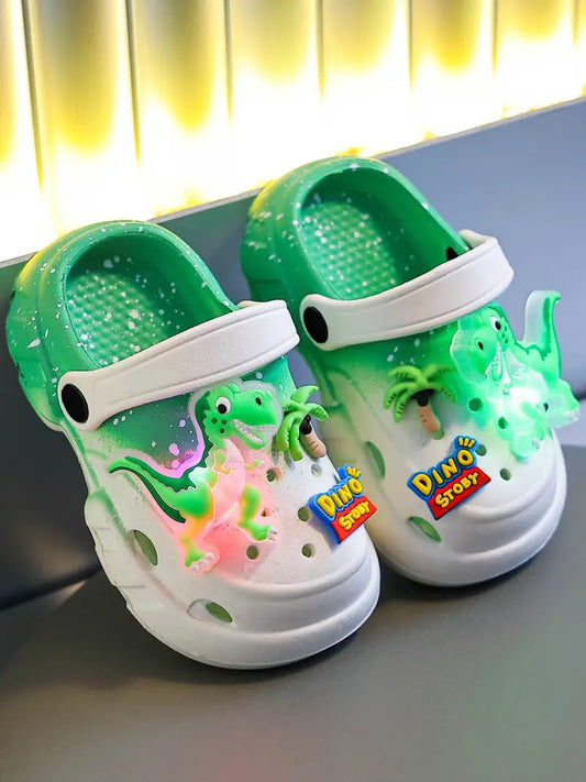 Summer Glow-In-The-Dark Dinosaur EVA Slippers, Lightweight Hollow Out Soft Sandals for Boys and Girls, Cute Floral Design Cool Slippers