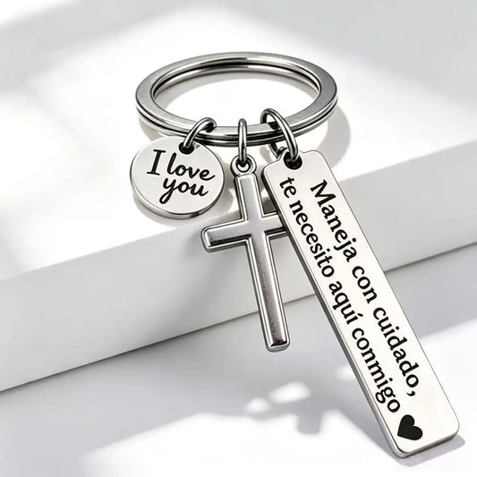 Spanish "Te Necesito Aquí Conmigo" Religious Drive Safe Keyring for Him/Her