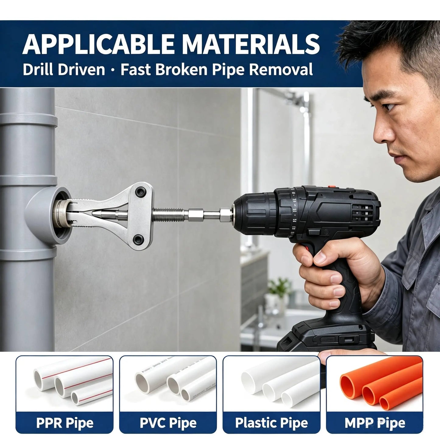 Universal Broken Pipe Extractor with Adjustable Jaws, Hex Shank Removal Tool for 1/2", 3/4" & 1" Pipes, Screws & Faucets