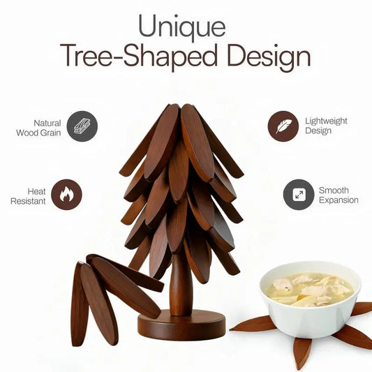 Foldable Walnut Wood Trivet Set – 5 Heat Resistant Coasters with Tree Stand