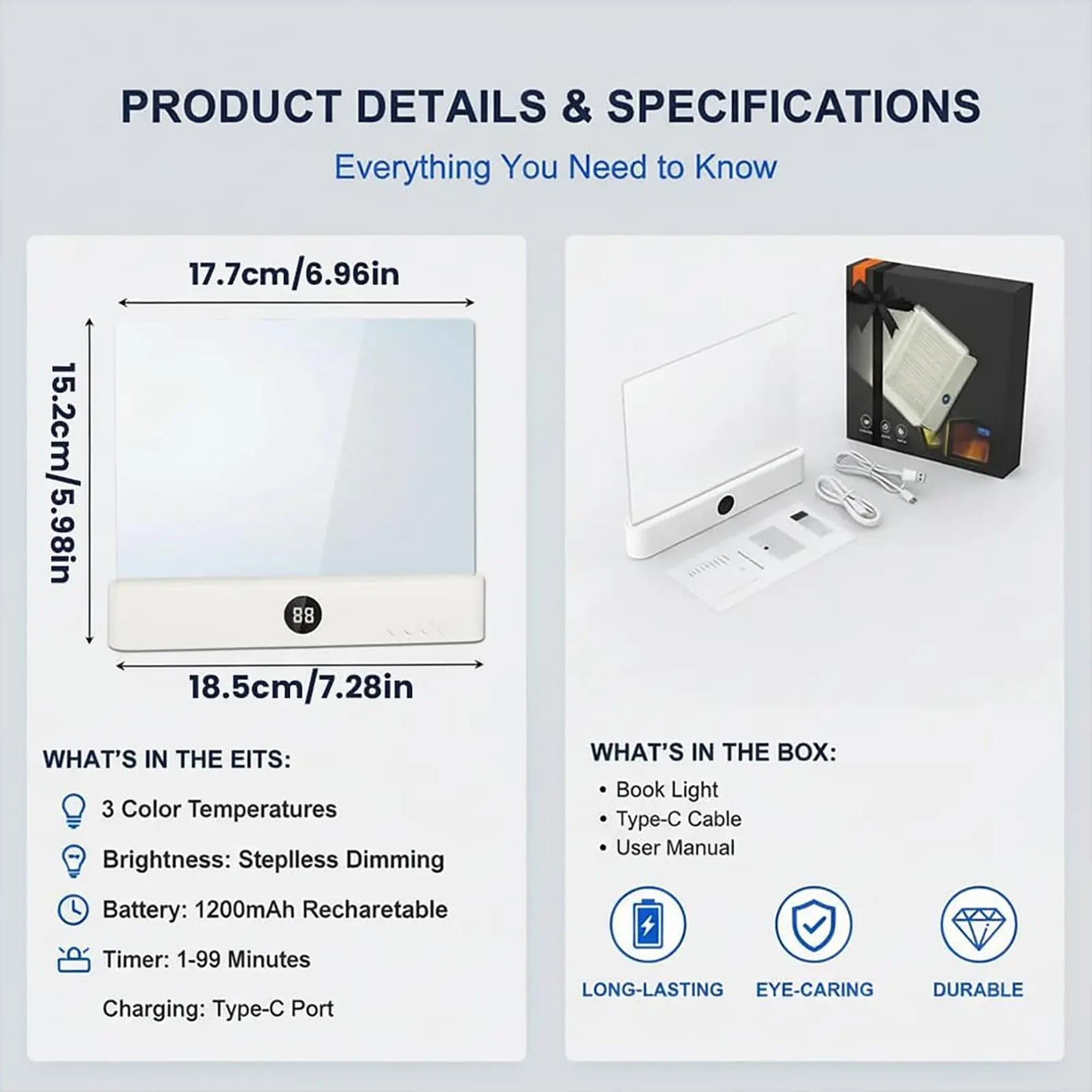 LED Reading Light Panel – Rechargeable Eye-Caring Book Light with Timer