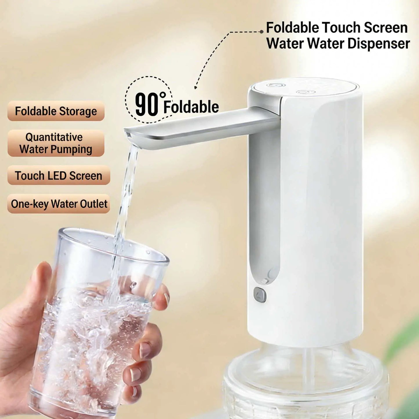Rechargeable Foldable Water Dispenser Pump with LED Touch Display, USB Portable Bottle Water Pump
