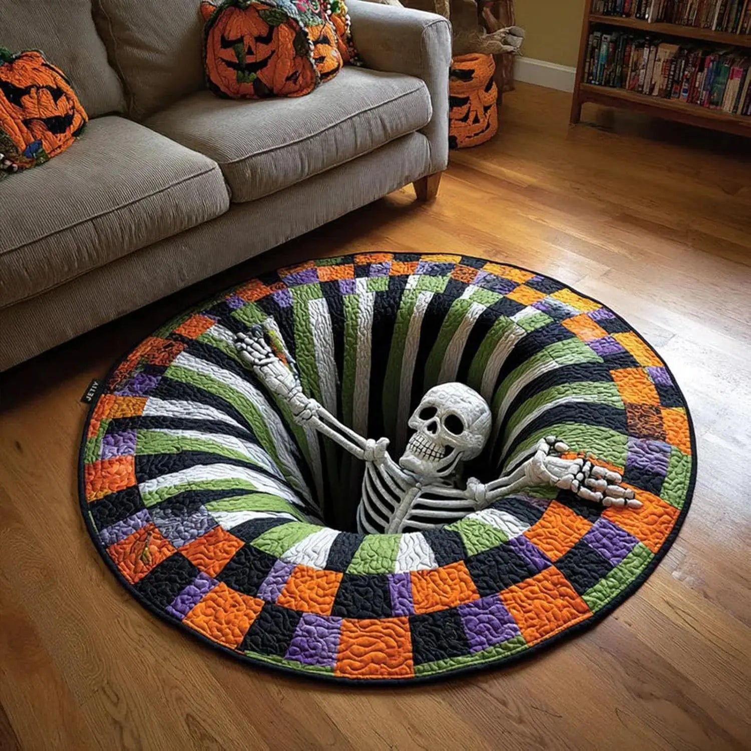 Halloween 3D Skeleton Vortex Quilted Illusion Round Rug (16") – Soft Non-Slip Spooky Living Room Carpet