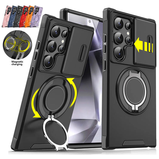OREKROY Shockproof Magnetic Case with Slide Camera Lens Protector For Samsung Galaxy S26/S25/S24/S23/S22/S21 Ultra Plus Rotating Ring Holder