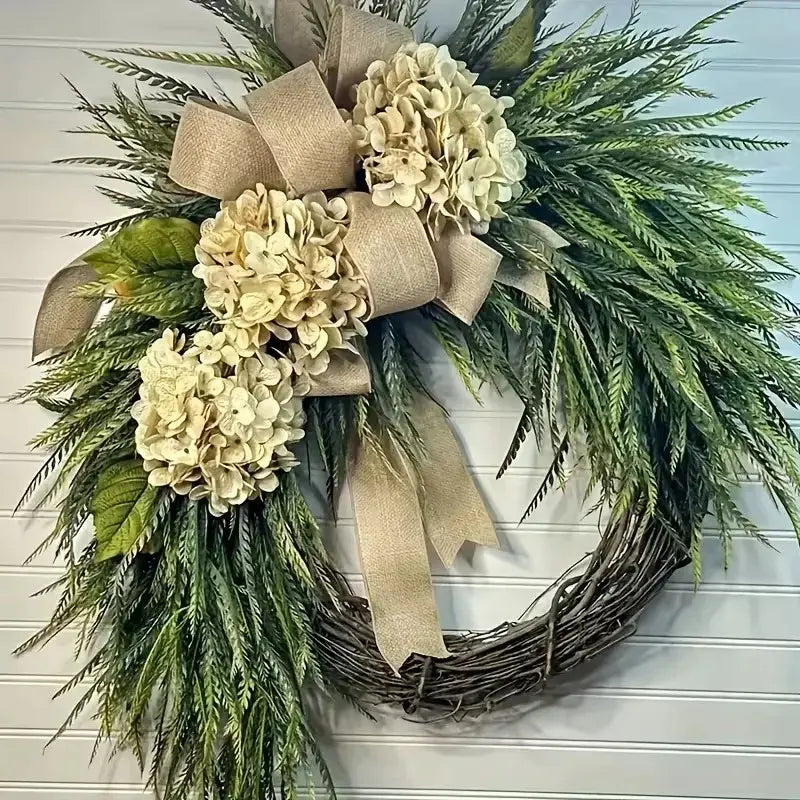 Rustic Bohemian Wreath (double-Sided Door Hanging) with Linen Bow & Greenery