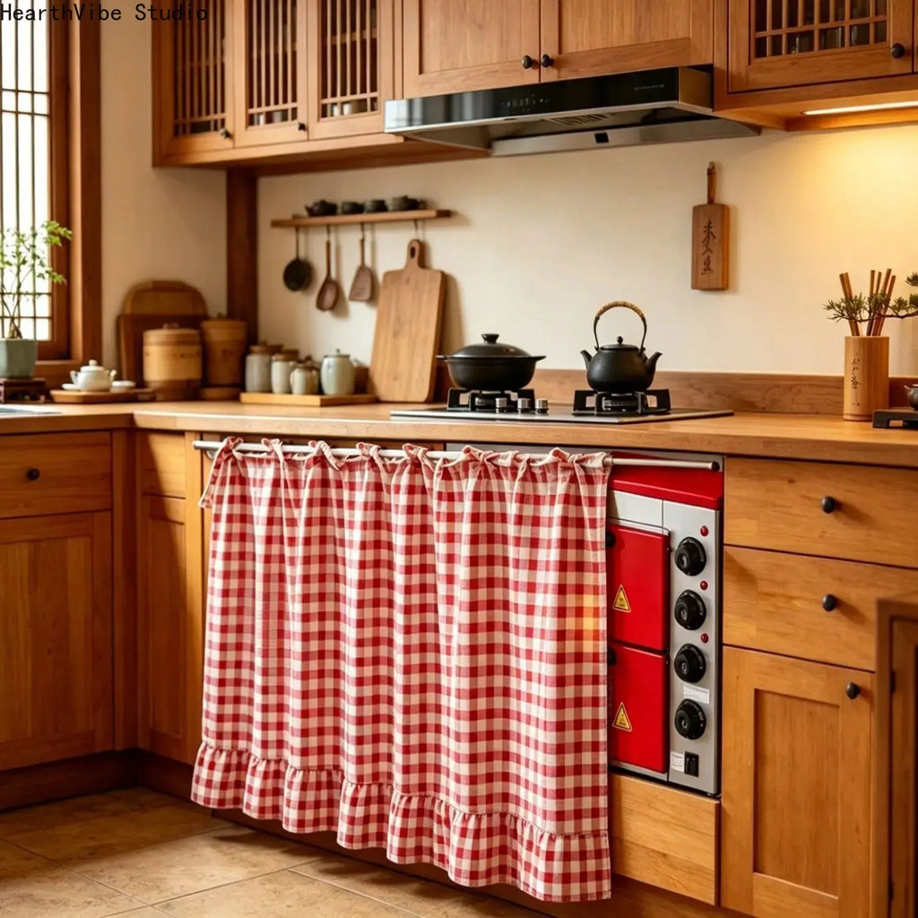 2026 Farmhouse Stove Curtain – Gingham Plaid Ruffle Short Window Valance