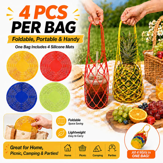 Multi-Use Silicone Storage Bag-4Pack & Organizer,Multifunctional Mesh Coaster,Foldable Silicone Wine Carrier,Handheld Bottle Mesh Coaster & Drink Holder,Expandable Bottle Tote for Fruit Wine Beverage