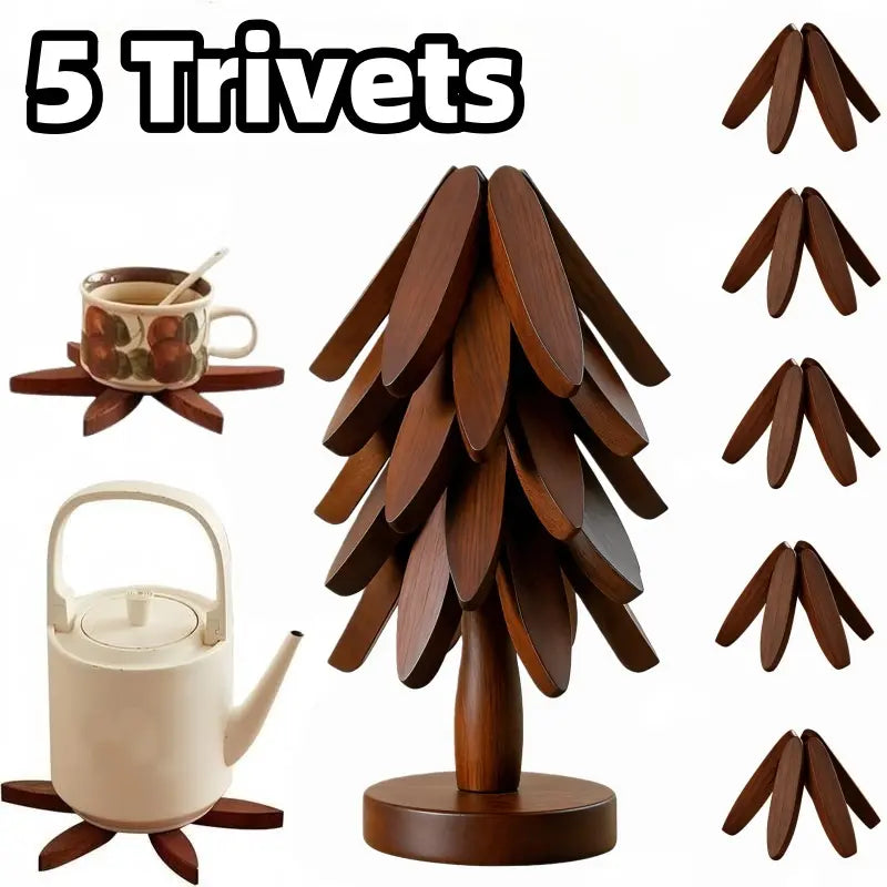 Foldable Walnut Wood Trivet Set – 5 Heat Resistant Coasters with Tree Stand