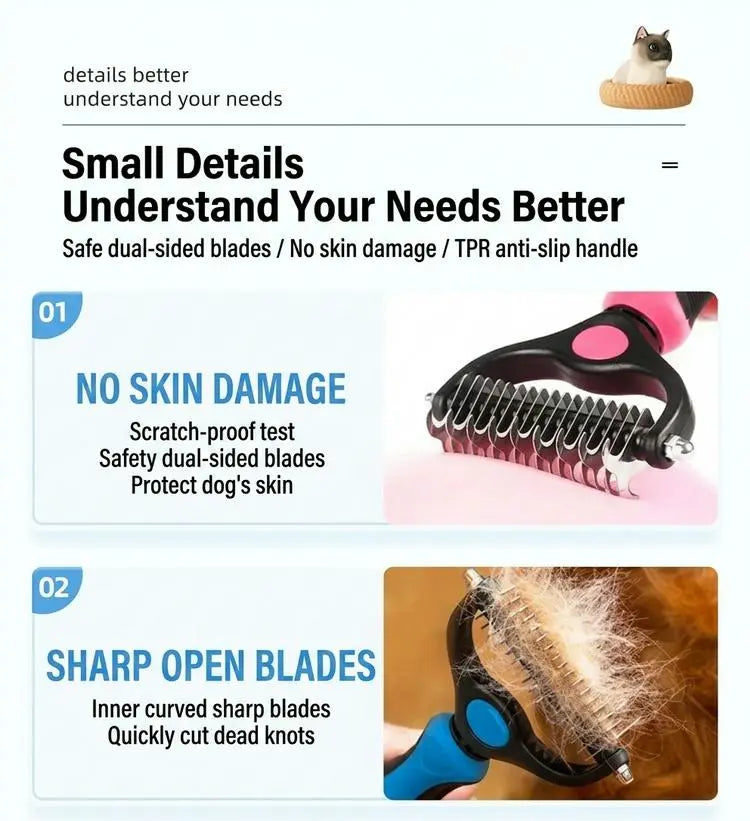 Double-Sided Pet Dematting Rake – Undercoat Grooming Tool for Long-Haired Dogs & Cats