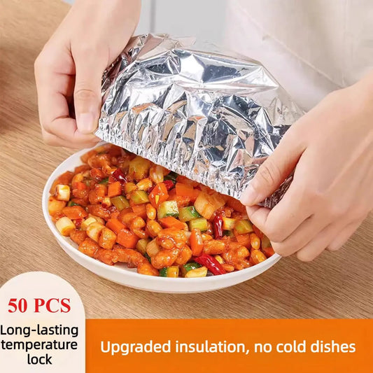 50PCS Aluminum foil heat-retaining cover for home dining tables and food containers; kitchen freshness preservation and insulation; aluminum foil