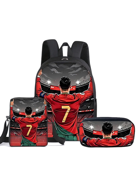 Football Star Print 16-Inch 3-Piece Casual Daypack Set for your little Fans, Includes Single-Layer Backpack, Small Shoulder Bag and Single-Layer Pencil Bag