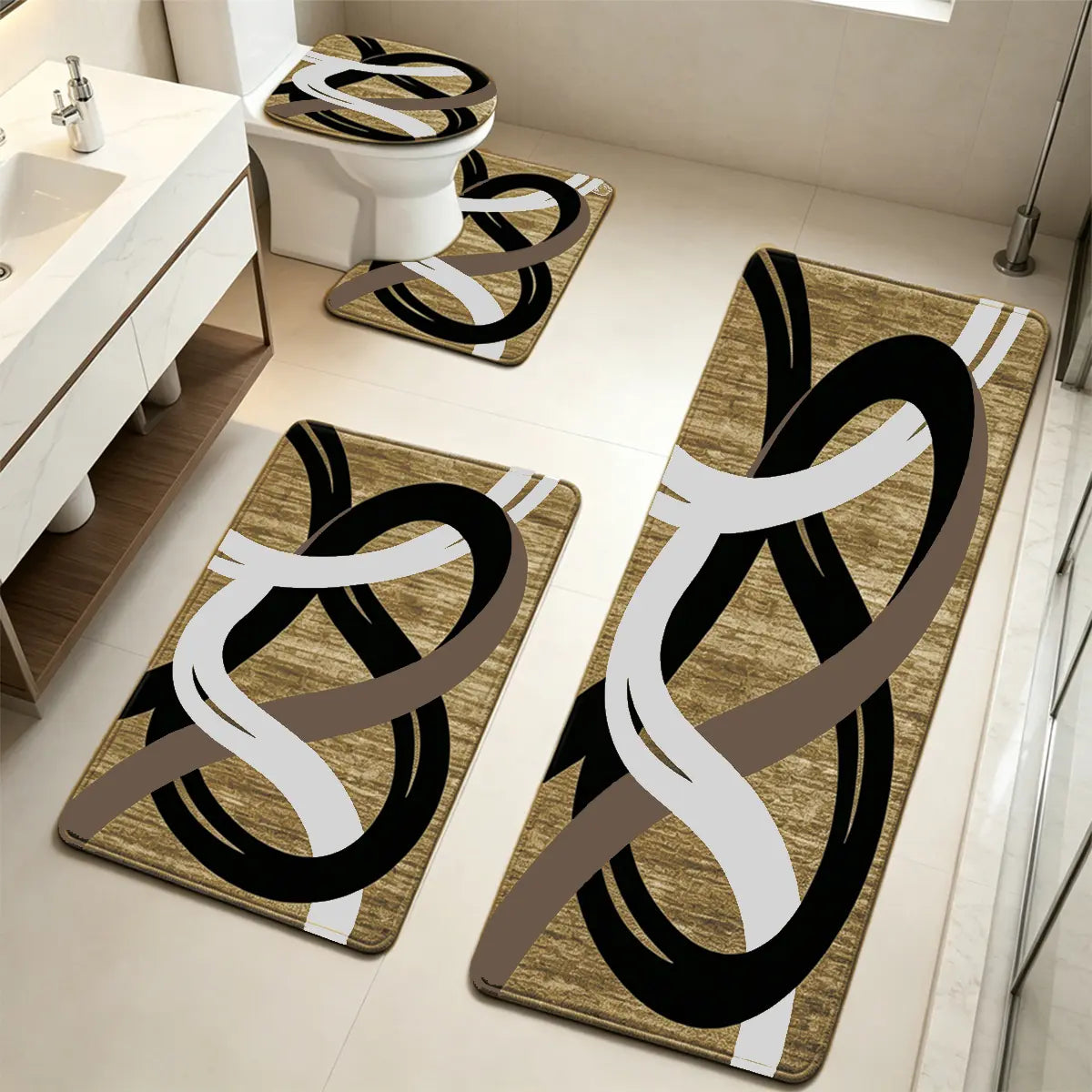 DearTex 4-Piece Flannel Bathroom Rug Set - Non-Slip & Absorbent (Grey/Black/White)