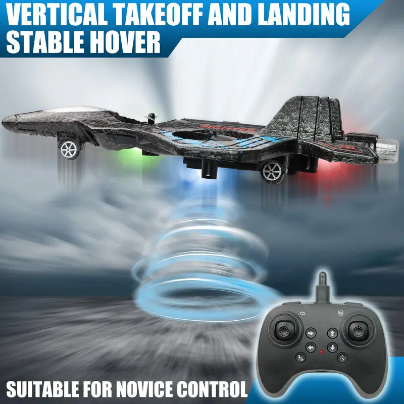 RC Fighter Jet Drone with 360° Flips & LED Lights – Vertical Takeoff EPP Foam Airplane Toy