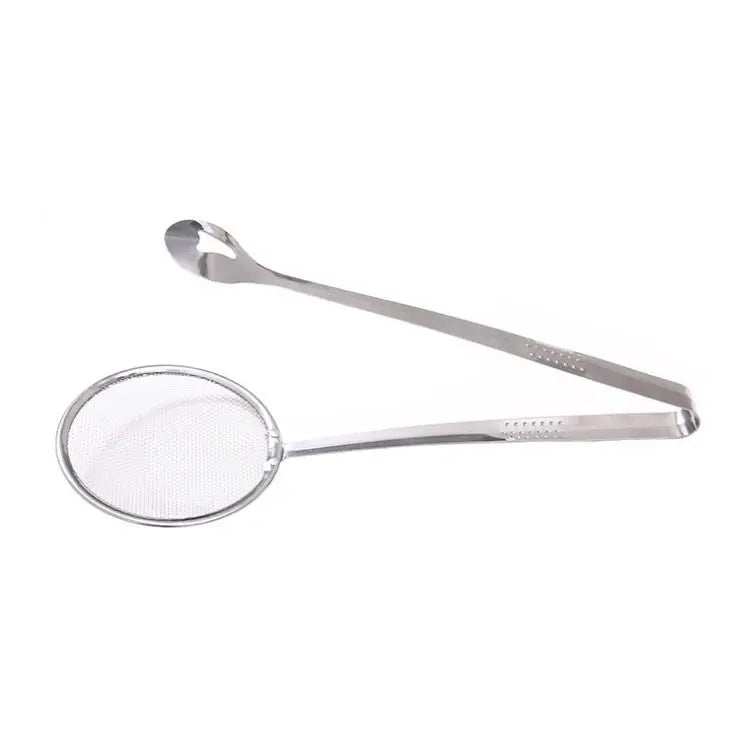 2-in-1 Stainless Steel Strainer Tongs – Fine Mesh Skimmer Spoon Clip for Frying & Hot Pot