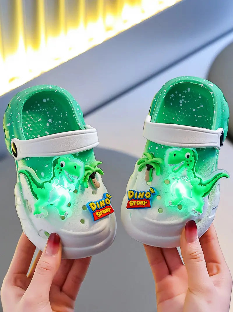 Summer Glow-In-The-Dark Dinosaur EVA Slippers, Lightweight Hollow Out Soft Sandals for Boys and Girls, Cute Floral Design Cool Slippers