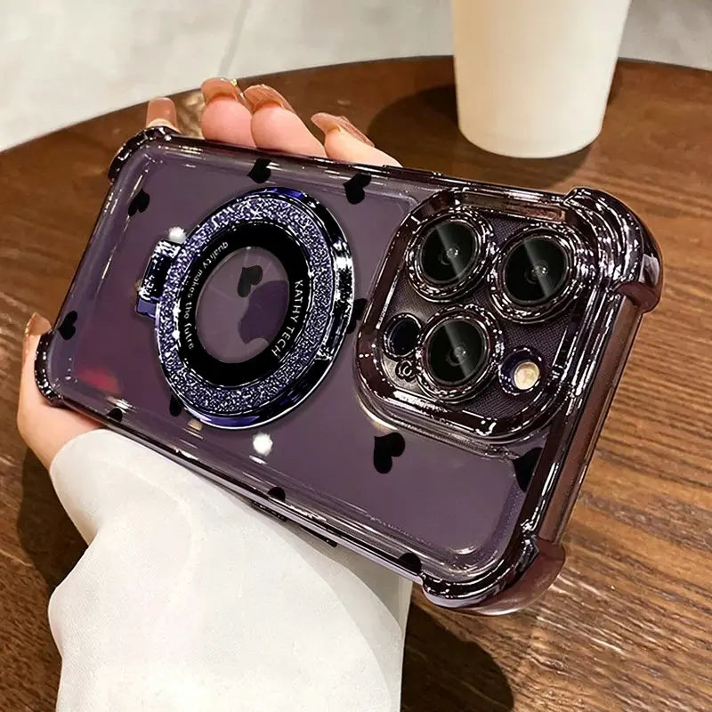 Cute Heart Clear Electroplated Shockproof Case with Glitter Ring Stand for iPhone 18 Pro Max & Samsung Galaxy S26 Ultra