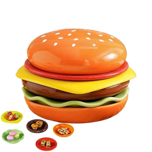 Stackable Hamburger Plate Set – 6-Piece Burger Serving Plate & Sauce Dish