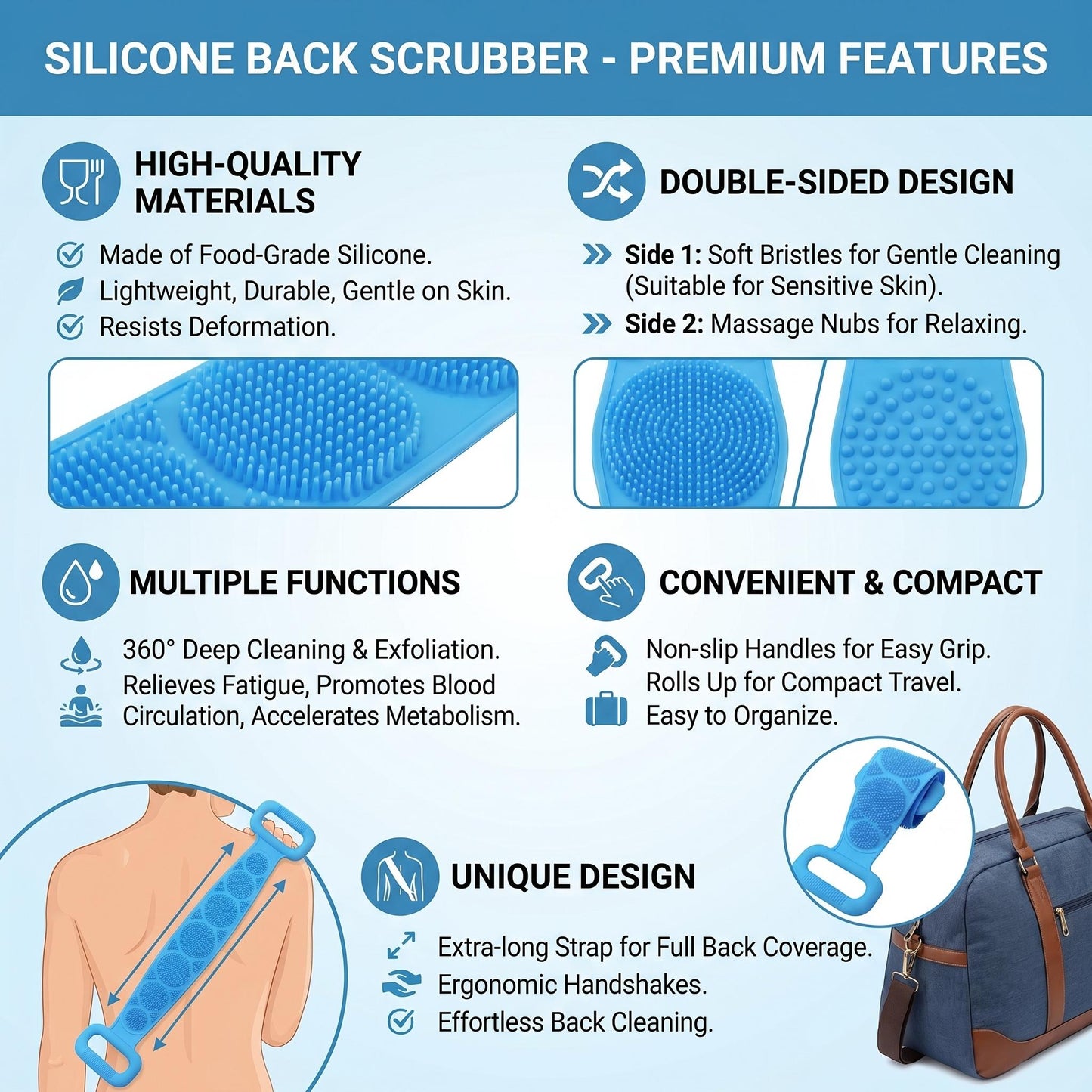 1PCS Silicone Bath Brush – Double-Sided Exfoliating Back Scrubber with Mesh Sponge, Shower & Bath Tool, Bathroom Self-Care Accessory for Easy At-Home Body Care