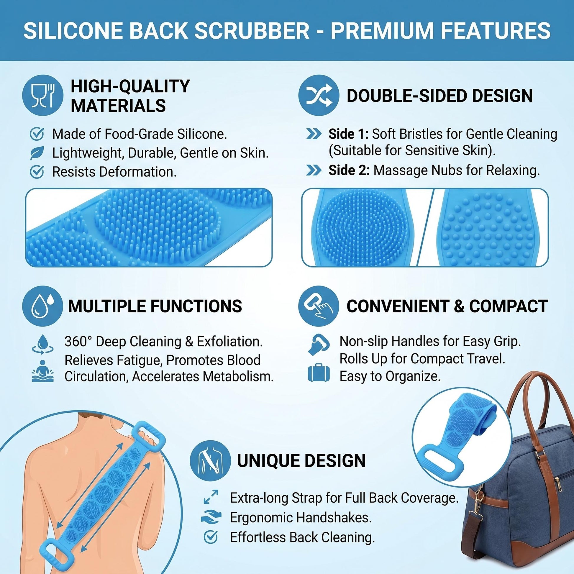 1PCS Silicone Bath Brush – Double-Sided Exfoliating Back Scrubber with Mesh Sponge, Shower & Bath Tool, Bathroom Self-Care Accessory for Easy At-Home Body Care