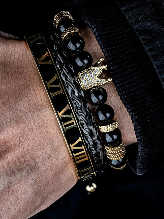 Men's Royal Bracelet Set, Crown Detail & Vintage Roman Numeral Jewelry Collection