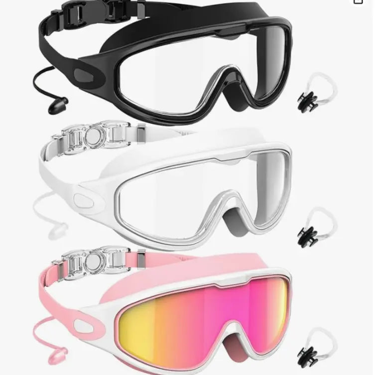 Adult Swim Goggles with Nose Clips (3-Pack, Anti-Fog & No Leak)