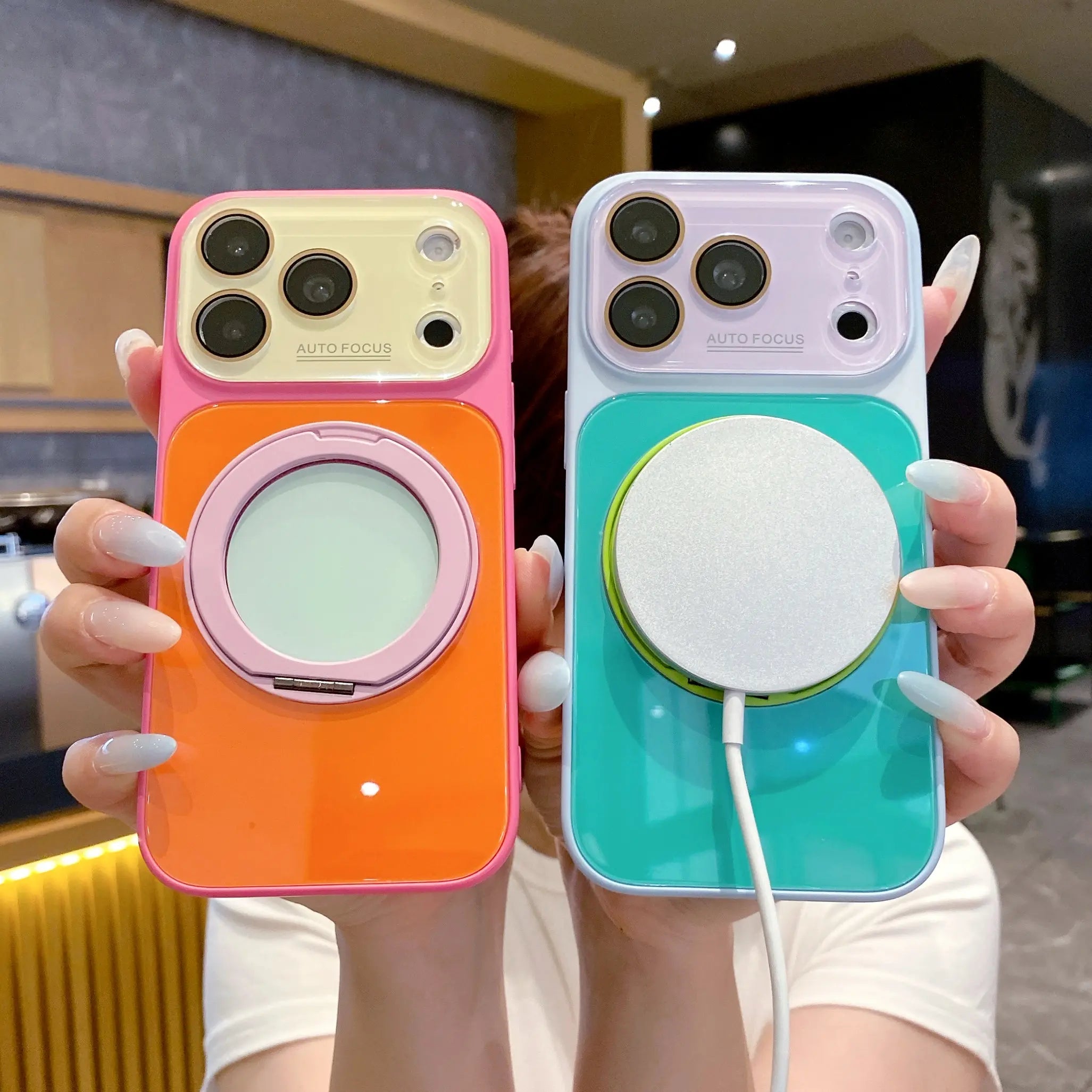 Funda Magnética Brillante con Bloques de Color Dopamina para iPhone 17 Pro Max – Soporte de Anillo Giratorio 360° y Cubierta MagSafe