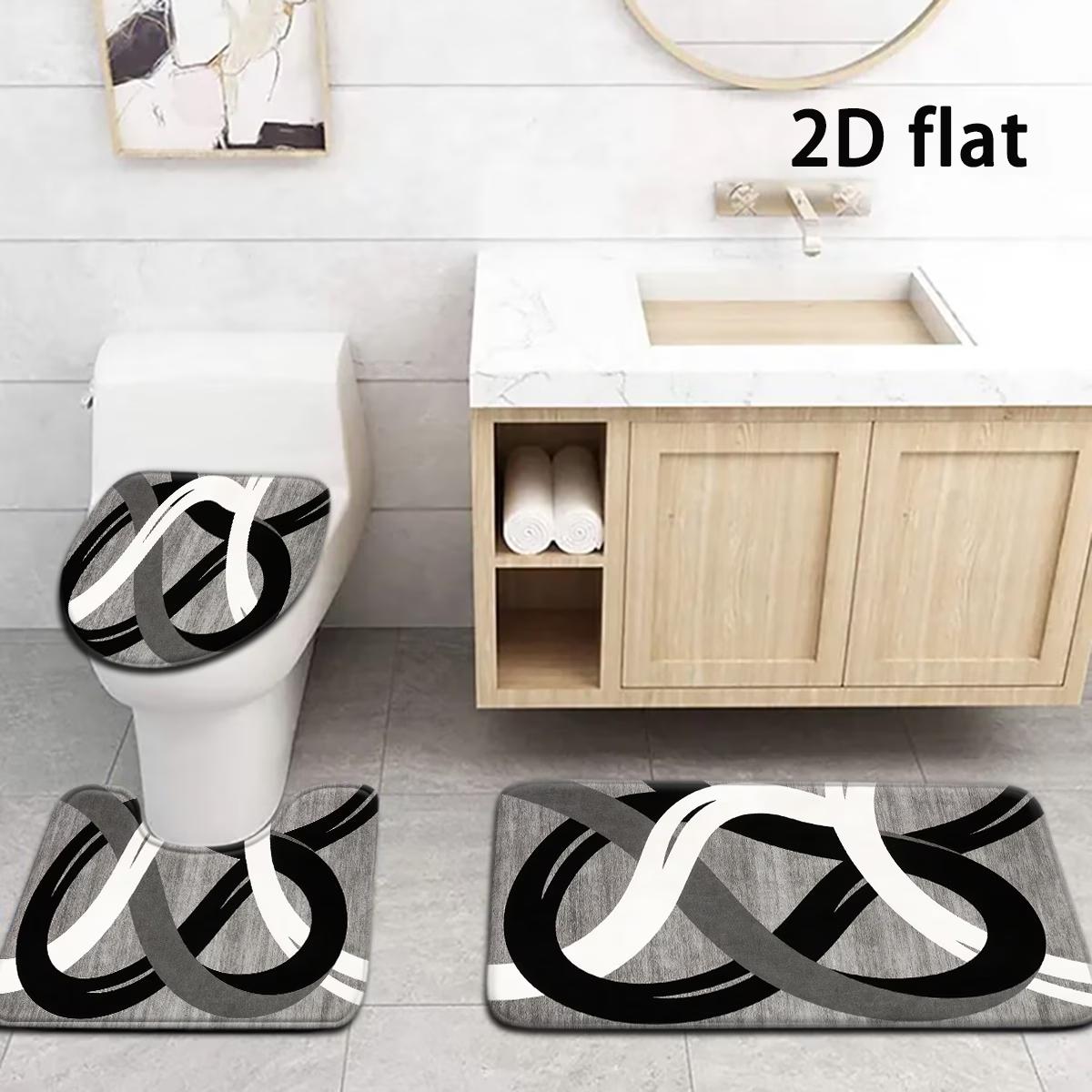DearTex 4pcs Grey & Black White Curved Pattern Flannel Bathroom Rug Set, Non-Slip Quick Absorbent Bath Mats, U-Shaped Toilet Accessories Cover, Reusable Washable Shower Floor Mat Set