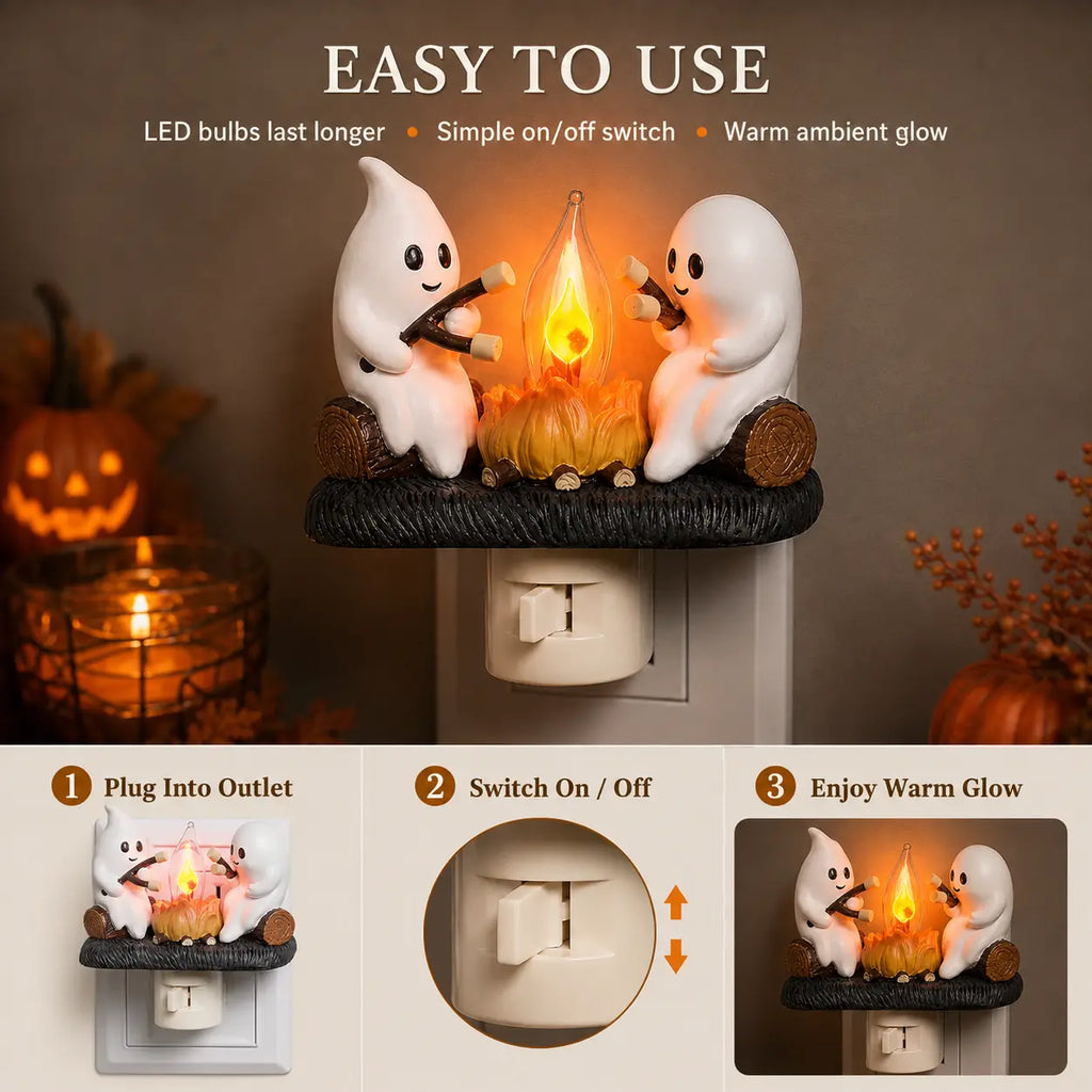 3D Flickering Campfire Plug-In LED Night Light – Cute Halloween & Christmas Resin Holiday Decoration