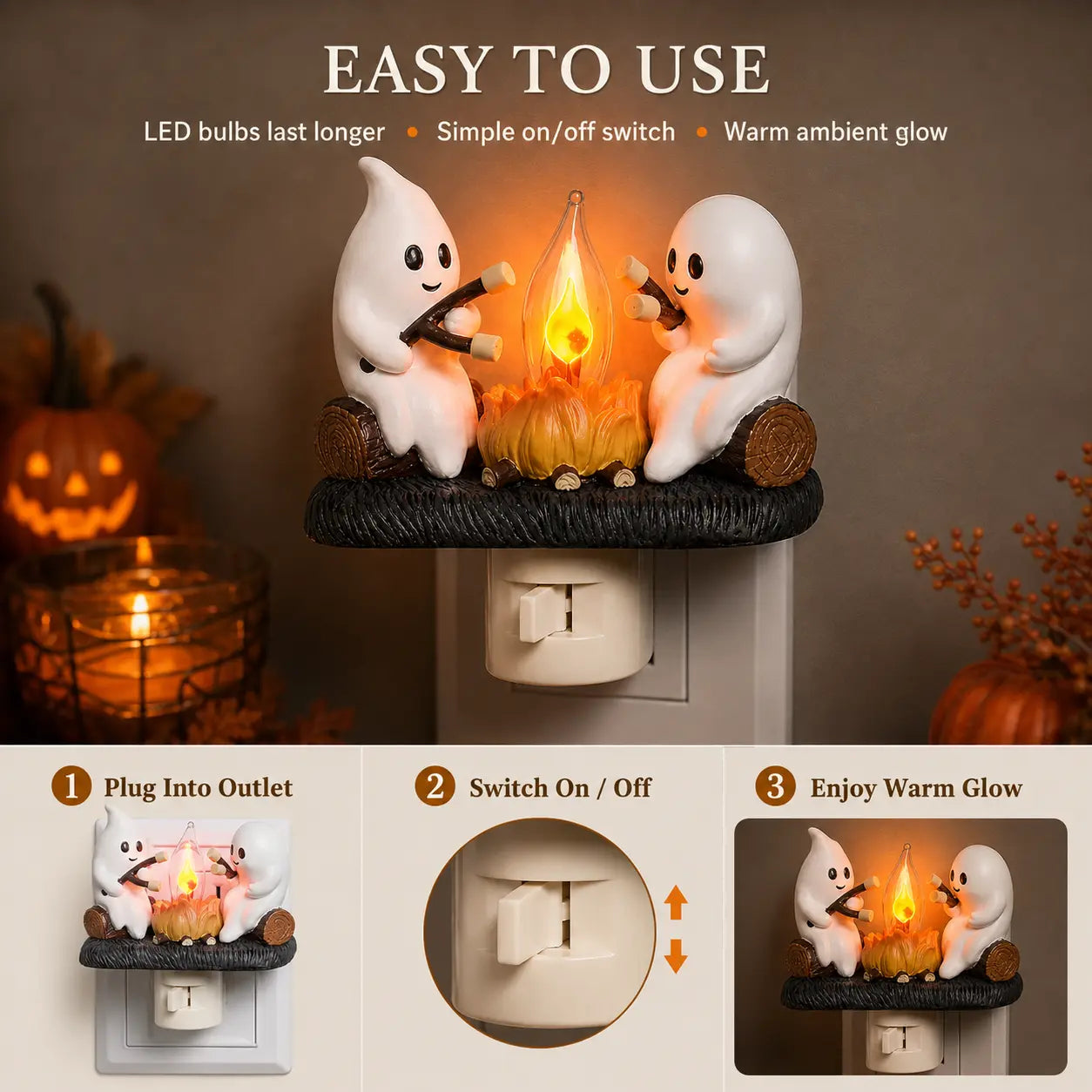 3D Flickering Campfire Plug-In LED Night Light – Cute Halloween & Christmas Resin Holiday Decoration