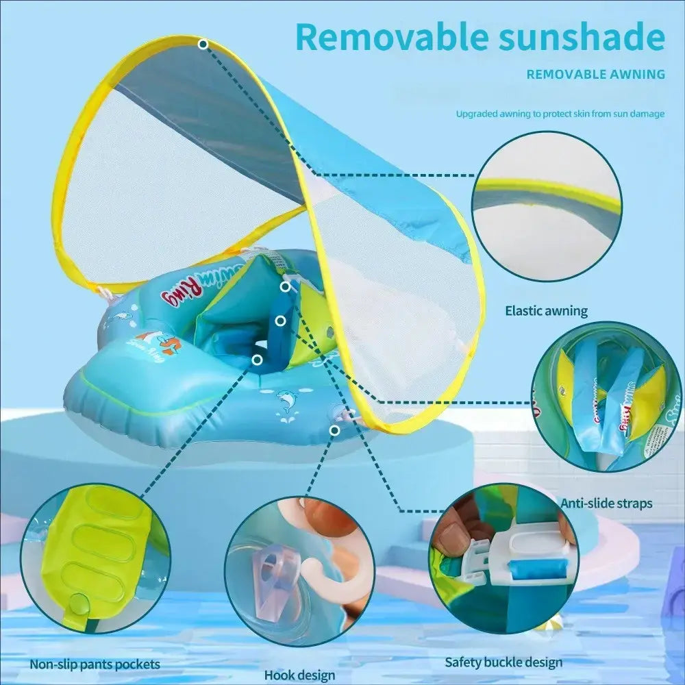 【Summervibes】Inflatable Swim Ring with Canopy, Kiddie Inflatable PVC Swim Ring with Sunshade, Water Play Sun Protection Lifebuoy, Beginner Swimming Inflatable Swim Ring, Inflatable Pool Floaters