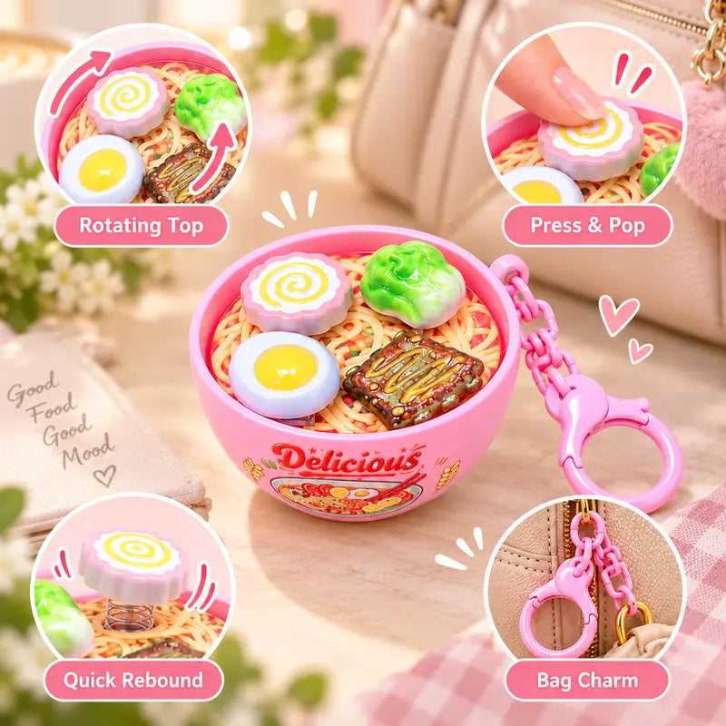 Cute Ramen Noodle Bowl Pressable Spinning Fidget Toy Keychain – Novelty Bag Charm
