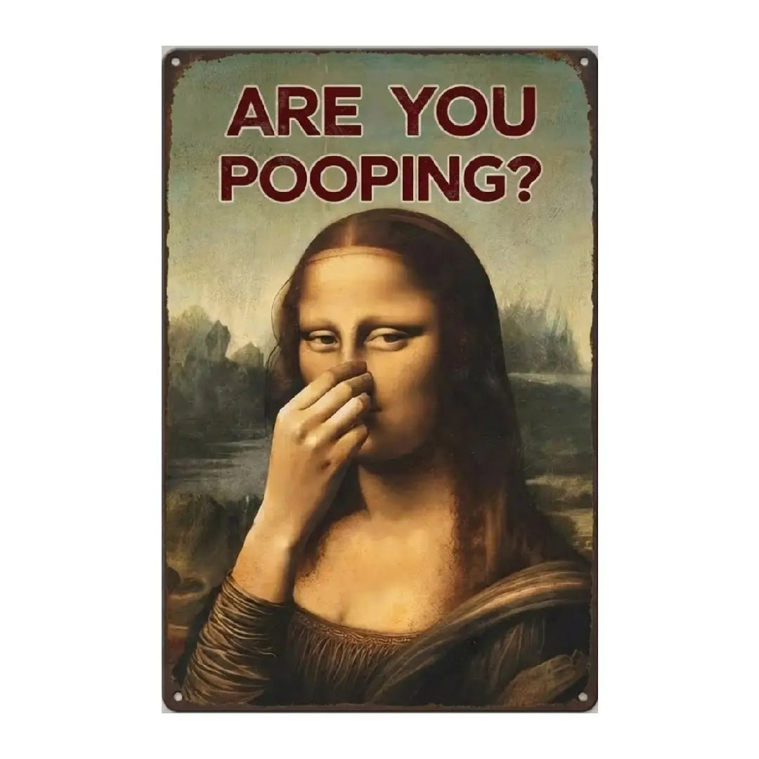 Mona Lisa Bathroom Metal Sign Funny Vintage Toilet Wall Decor Nose Pinching Stink Humor Da Vinci Inspired Rustic Metal Plaque 08*12 inch