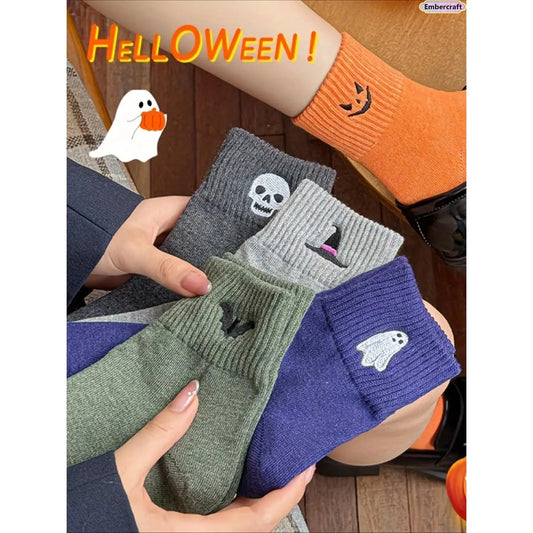 5-Pair Halloween Crew Socks Set, Cozy Mid-Calf Knit Socks with Pumpkin, Ghost & Bat Designs
