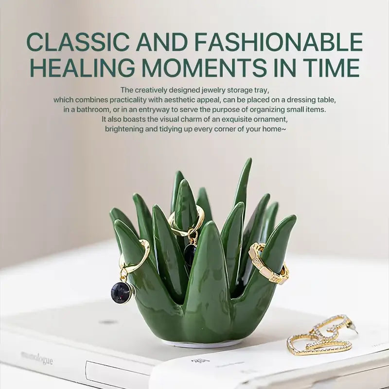 Cactus Aloe Ring Holder Tray, Ceramic Jewelry Storage Organiser Display Stand for Home or Office Desk Decor, Cute Gift for Women, Friends and Mom