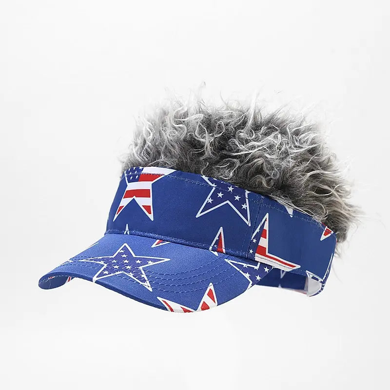 Patriotic US Flag Visor Hat with Fake Hair Wig