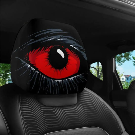 2 pcs Red Devil's Eye Car Headrest Covers - Red and black Gothic design, washable, suitable for General Motors vehicles summervibes