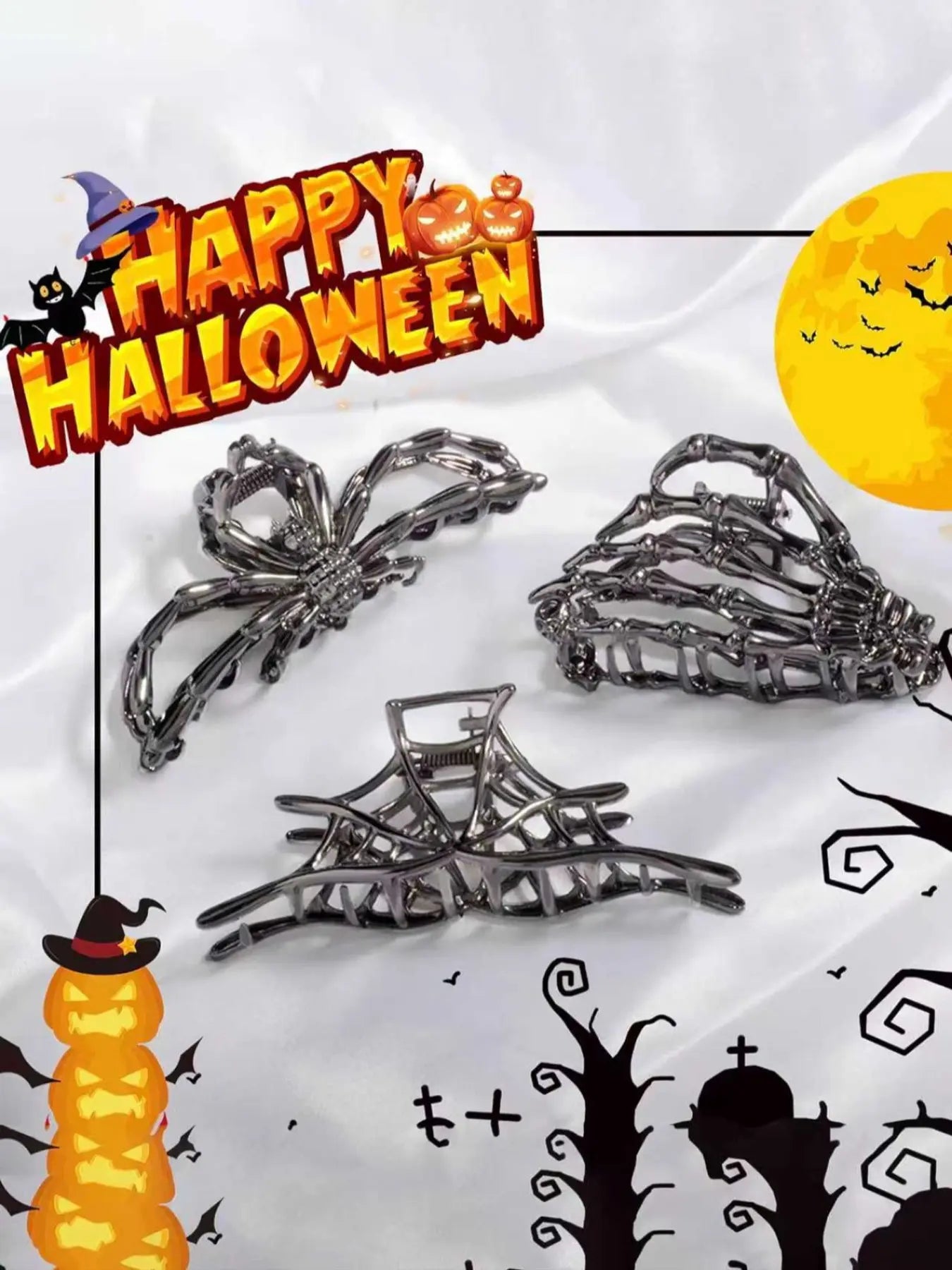 Halloween Hair Claw Clips Set, 3 Pcs Spooky Spider & Skeleton Design Hair Accessories