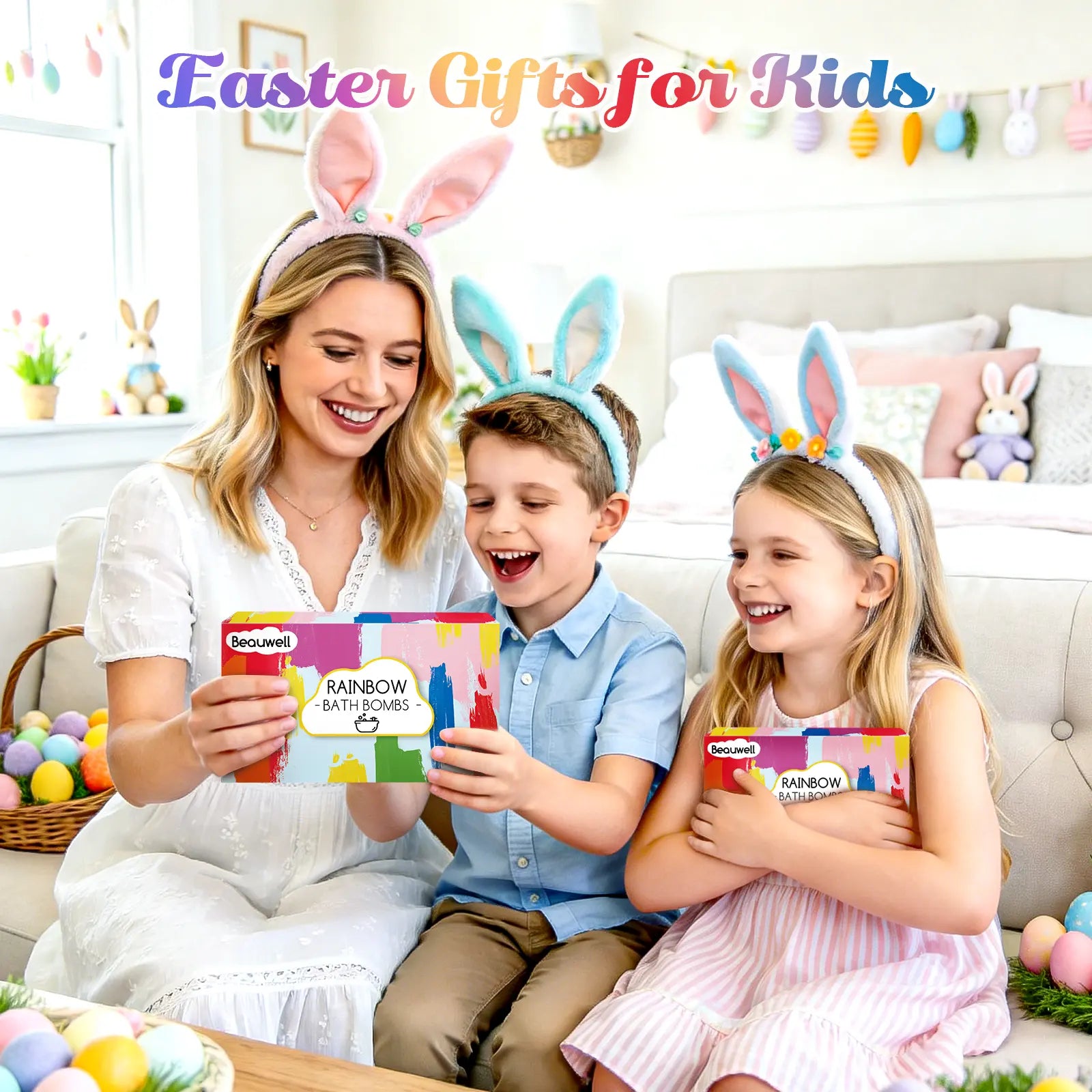 Rainbow Bath Bombs for Kids, Handmade 4 Pcs Kid Bath Bombs Gift Set, Easter Basket Stuffers for Kids Girls Bubble Bath