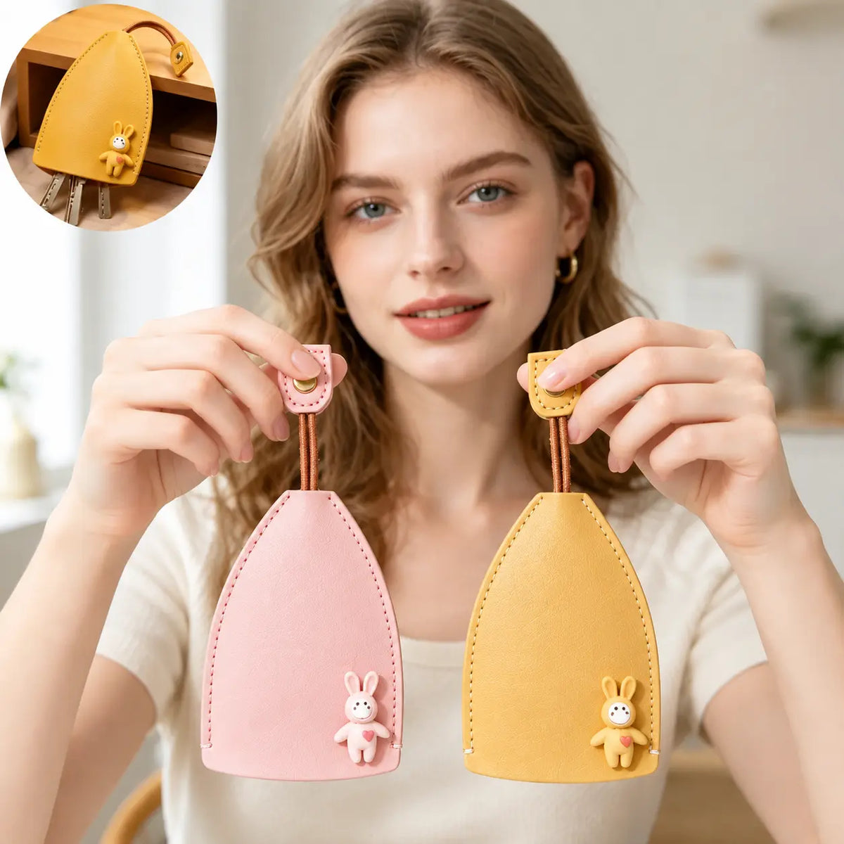 Cute Cartoon Leather Pull-Out Key Case – Portable Anti-Scratch Car Key Holder Pouch