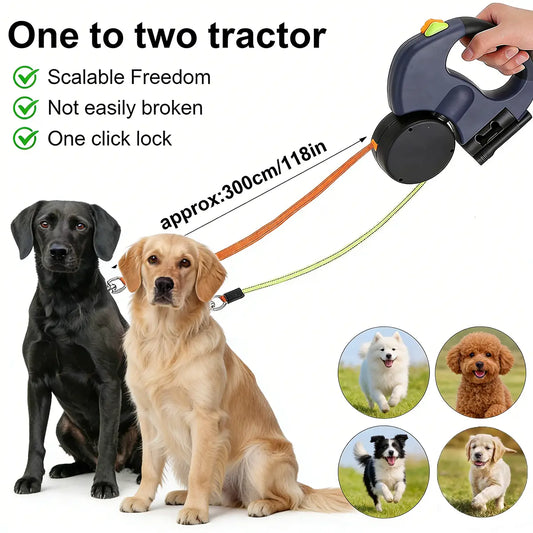 3M Dual Retractable Dog Leash with LED Light & Waste Bag Dispenser
