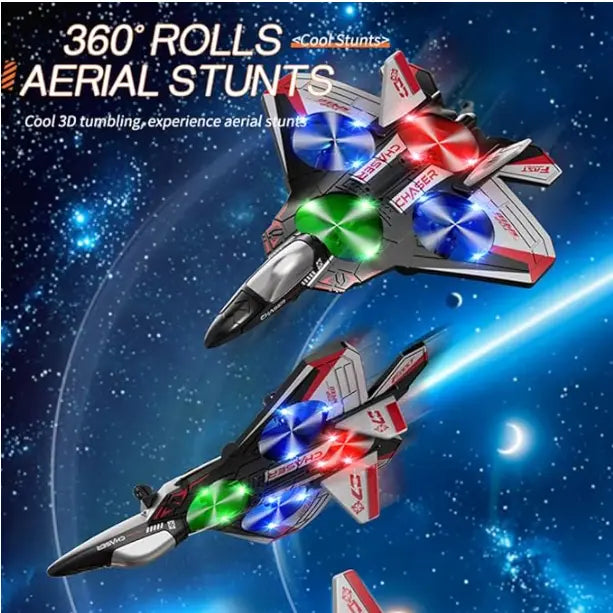 RC Flying Fighter Jet Toy with LED Lights & Stunt Rotation – Durable EVA Foam Remote Control Plane