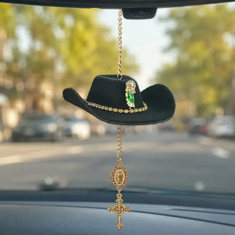 Handmade St. Jude Black Sombrero Car Blessing Charm – Faith Protection Rearview Mirror Ornament