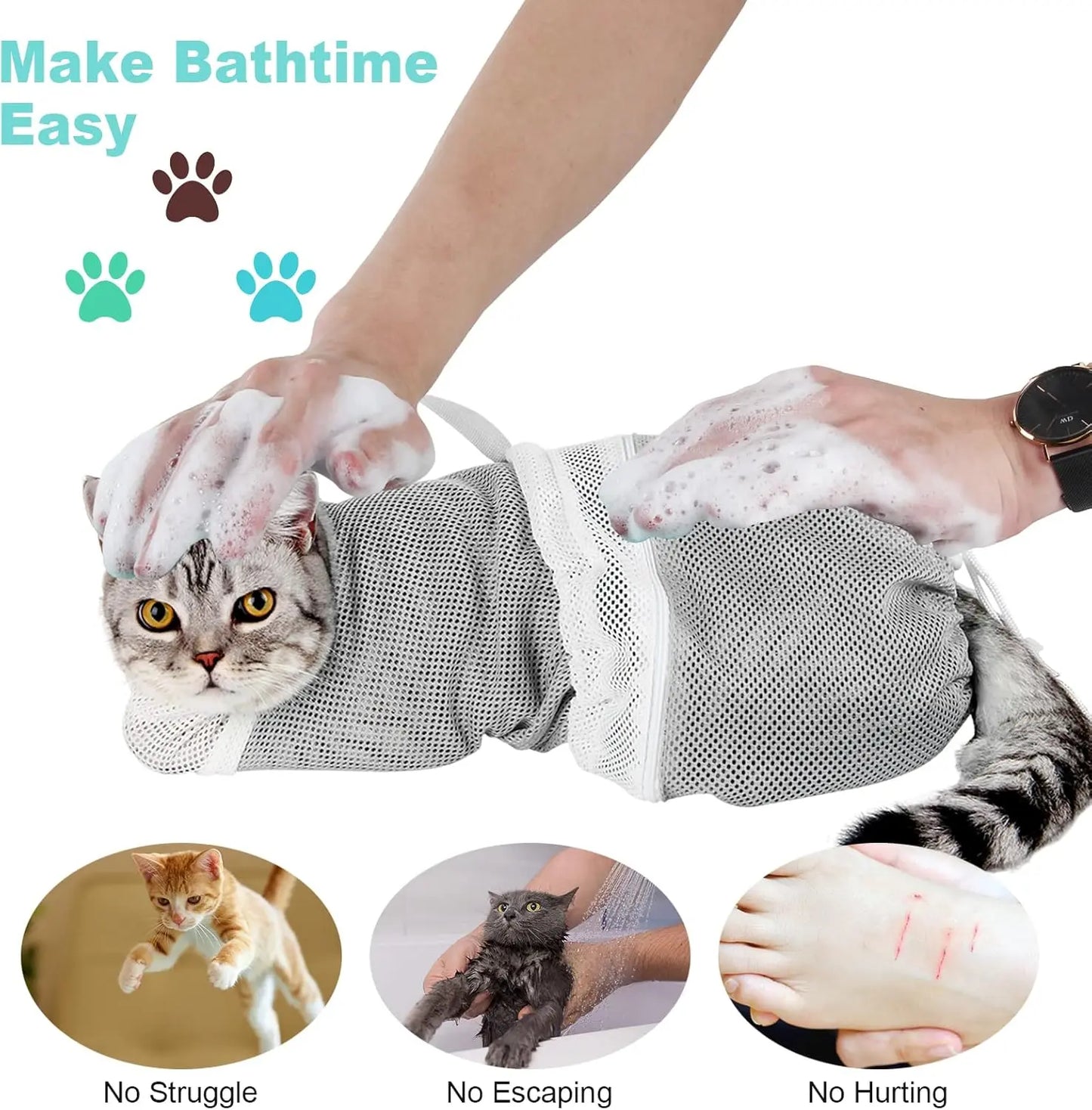 Cat Bath Mesh Bag, Portable Mesh Shower Bag, Cute Safe Adjustable Drawstring Design Travel Bathing Bag for Cats Grooming, Grooming Supplies，Nail Trimming, Injection， Bath  accessory, pet tools