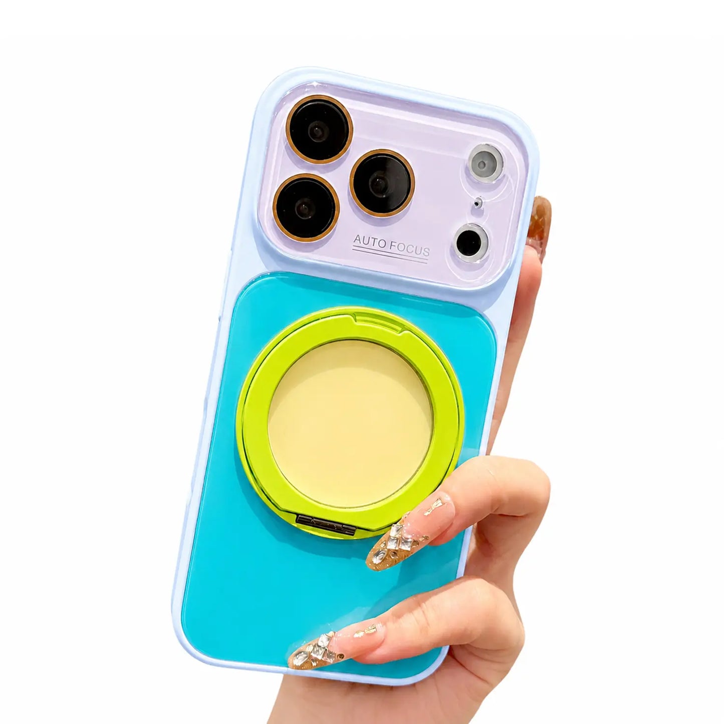 Dopamine Colorblock Glossy Magnetic Case for iPhone 17 Pro Max – 360° Rotating Ring Stand & MagSafe Cover