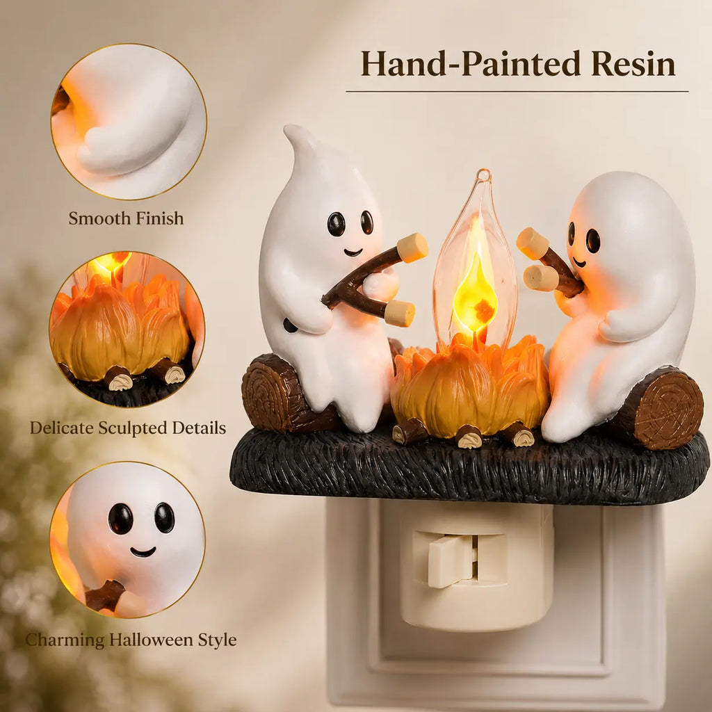 3D Flickering Campfire Plug-In LED Night Light – Cute Halloween & Christmas Resin Holiday Decoration